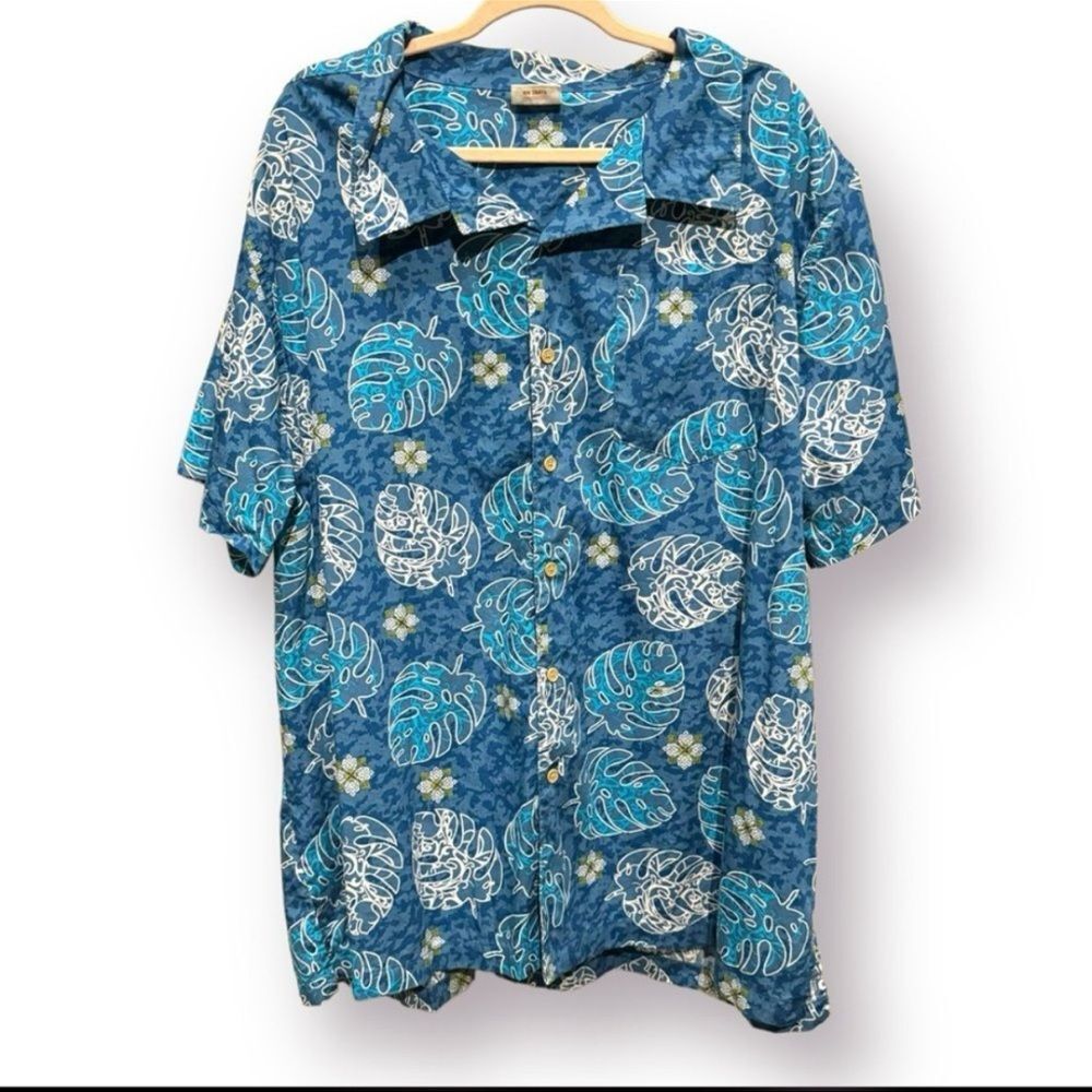 Barefoot In Paradise Mens Blue Palm Hawaiian Short Sleeve Button Up Shirt XXL